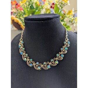 Coro Vintage blue rhinestone Garland necklace silver tone nature‎ garden